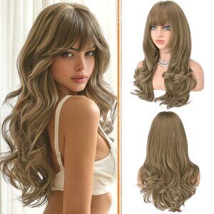 NEW Haloo Brown Blonde Wig with Bangs, Long Wavy Layered Haircut.24 Inch